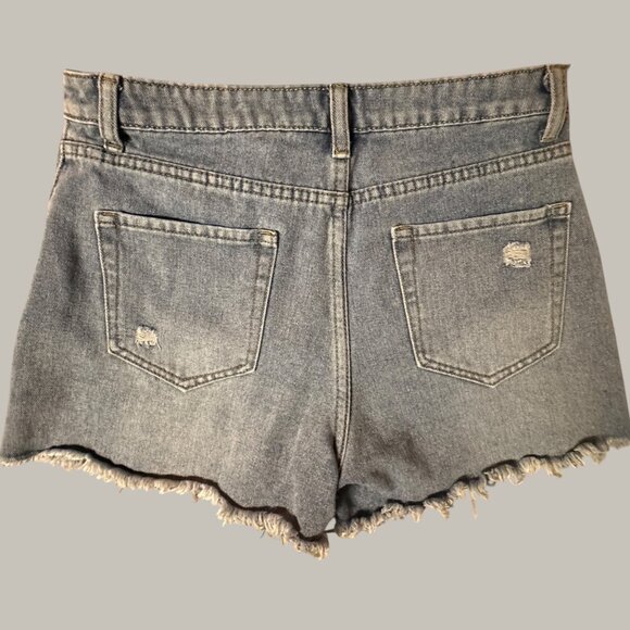 Distressed Denim High-Waisted Shorts With Button Fly & Frayed Hem - Picture 9 of 12